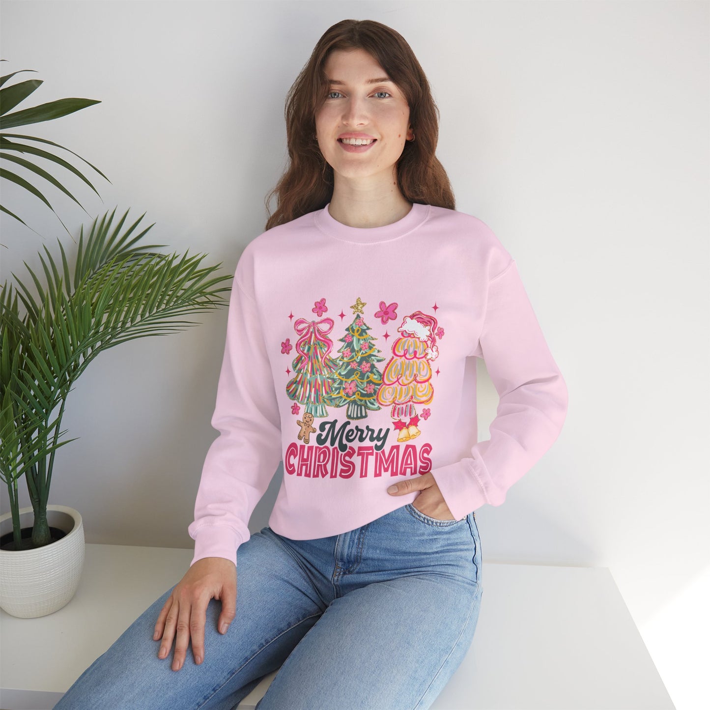 Christmas Trees Crewneck Sweatshirt — Merry Christmas Pink Holiday Sweater