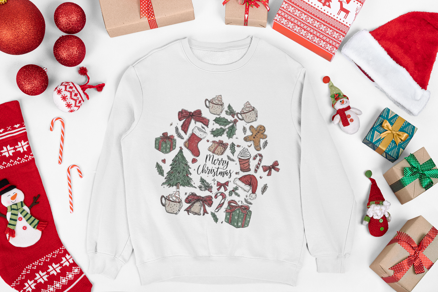 Christmas Cozy Crewneck Sweatshirt — "Merry Christmas" Holiday Icons Design