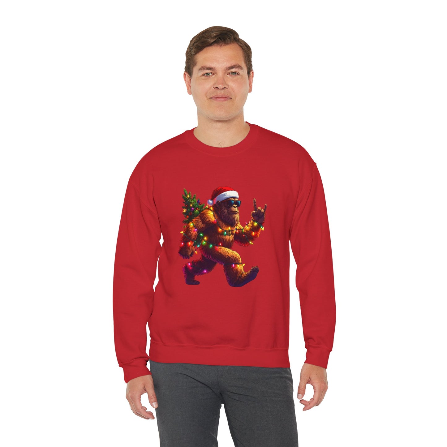 Christmas Sasquatch Crewneck Sweatshirt — Holiday Bigfoot with Santa Hat & Lights