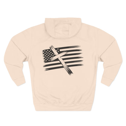 American Flag Cross Hoodie — Christian Patriotic Pullover with Distressed Stars & Stripes