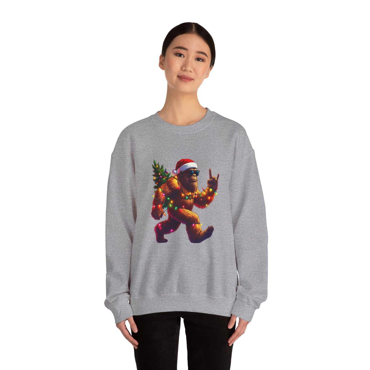 Christmas Sasquatch Crewneck Sweatshirt — Holiday Bigfoot with Santa Hat & Lights