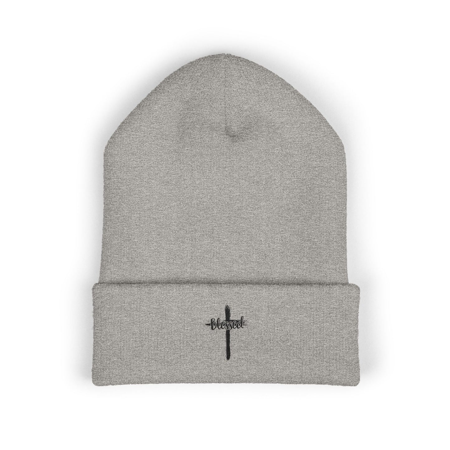 Embroidered Cross Cuffed Beanie — Minimal Faith Knit Hat