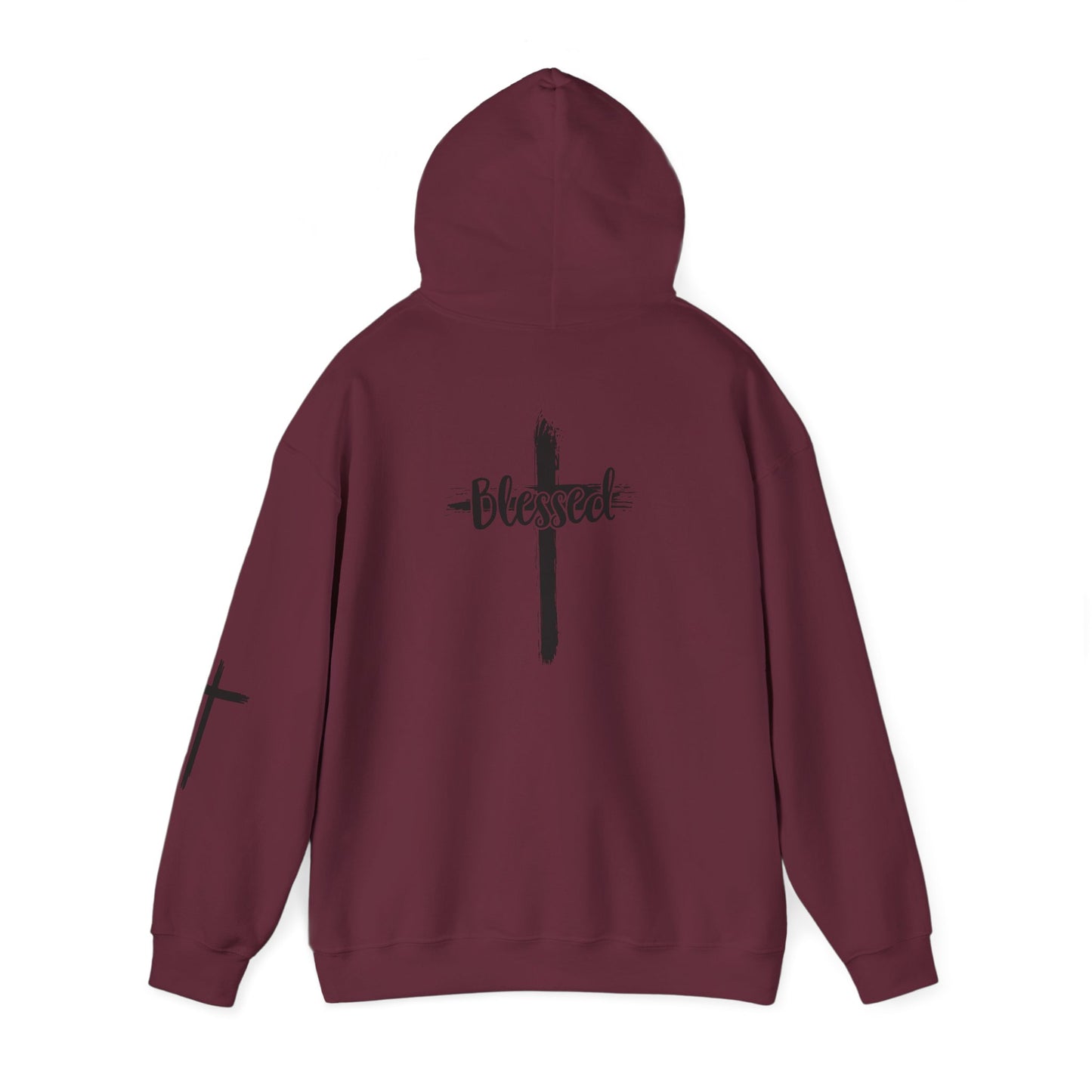 Blessed Cross Hoodie — Christian Faith Pullover with Cross Sleeve Design
