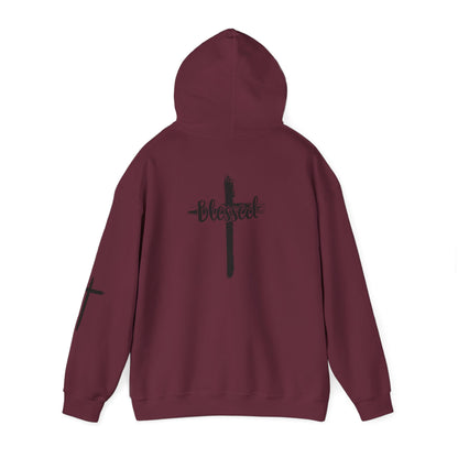 Blessed Cross Hoodie — Christian Faith Pullover with Cross Sleeve Design