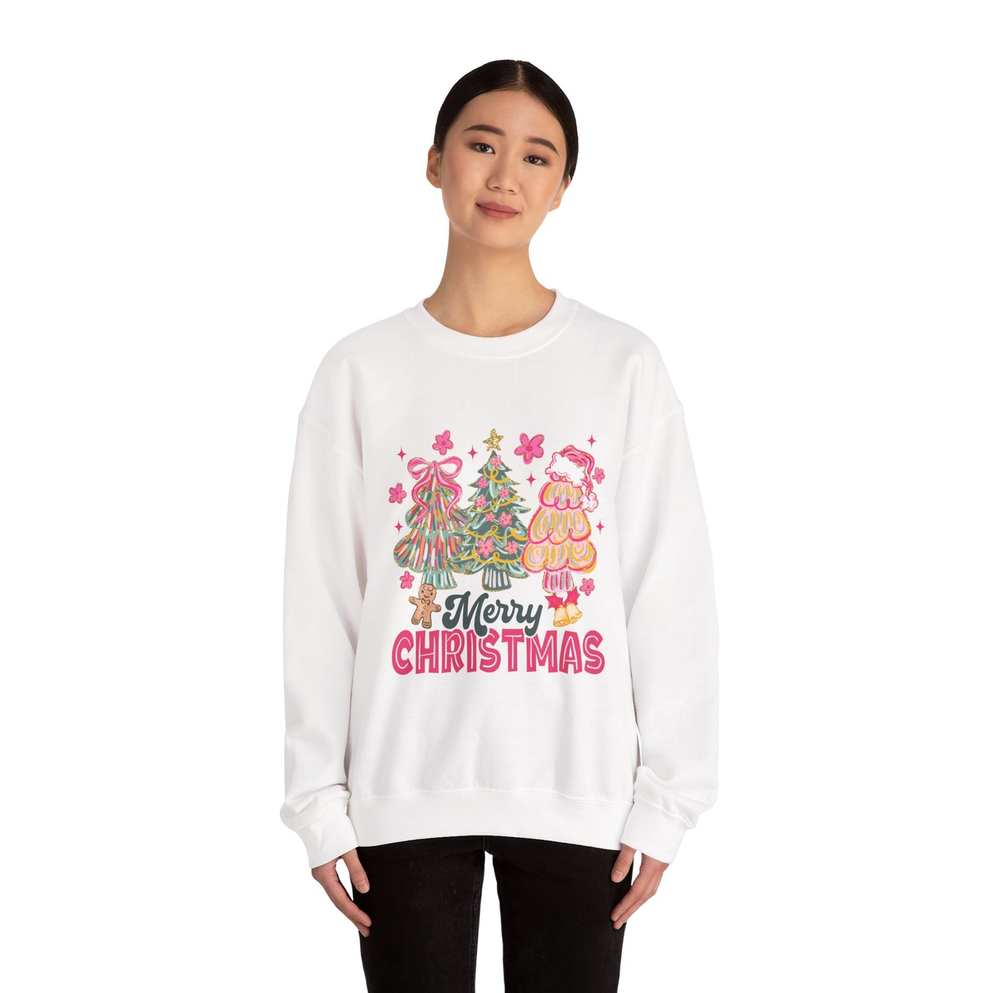 Christmas Trees Crewneck Sweatshirt — Merry Christmas Pink Holiday Sweater