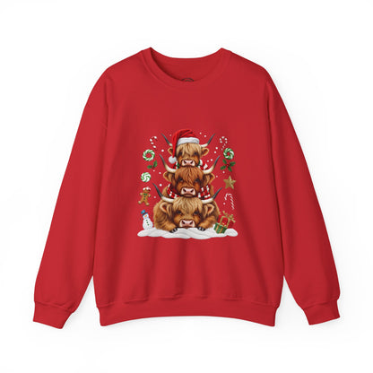 Christmas Highland Cow Sweatshirt — Holiday Stack with Santa Hats & Candy Canes