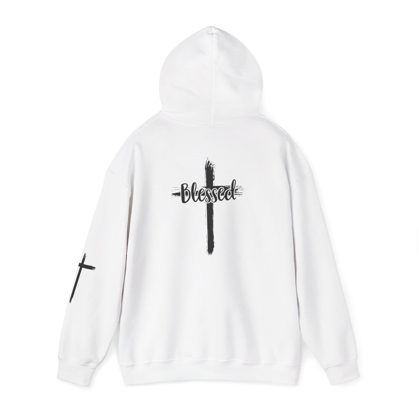 Blessed Cross Hoodie — Christian Faith Pullover with Cross Sleeve Design
