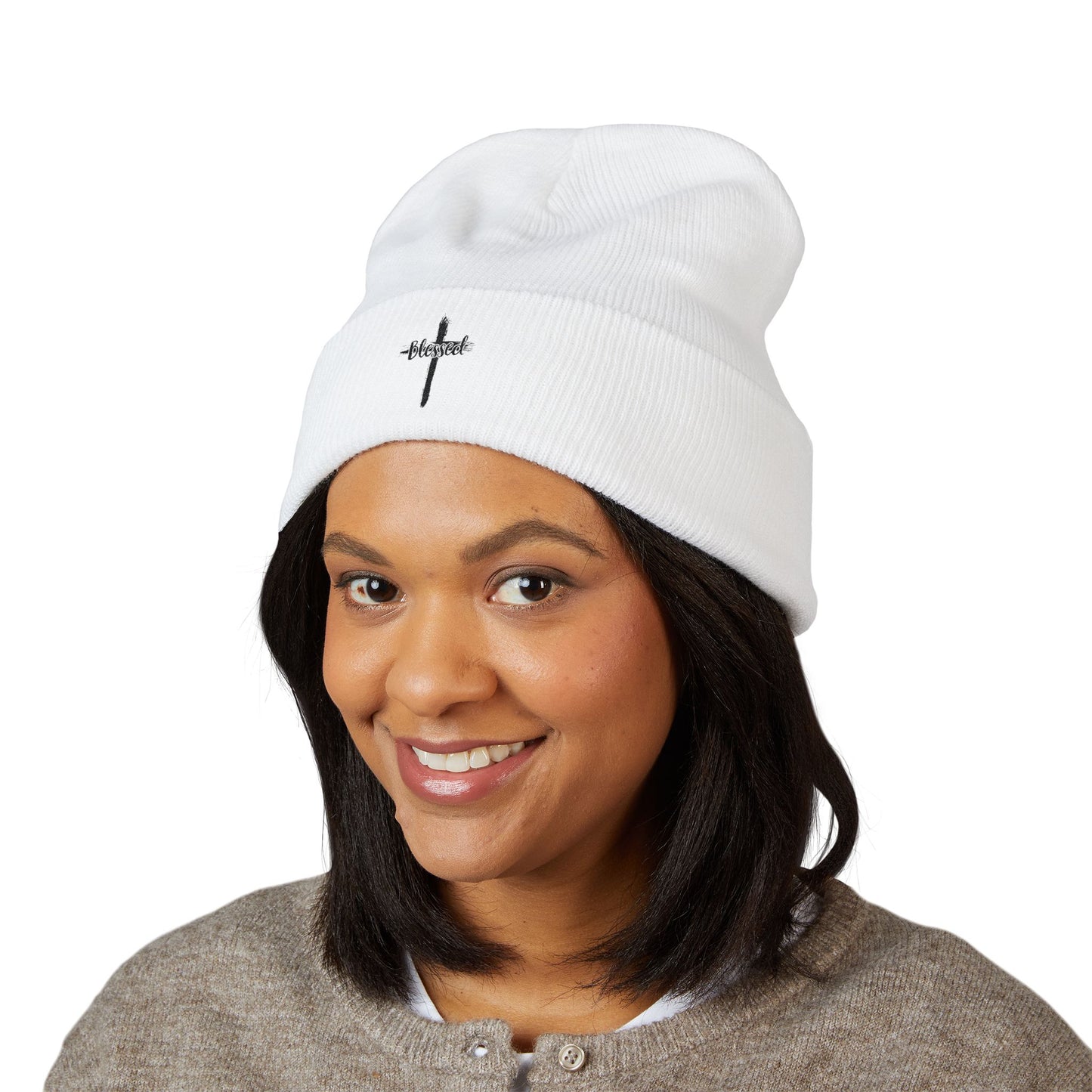 Embroidered Cross Cuffed Beanie — Minimal Faith Knit Hat