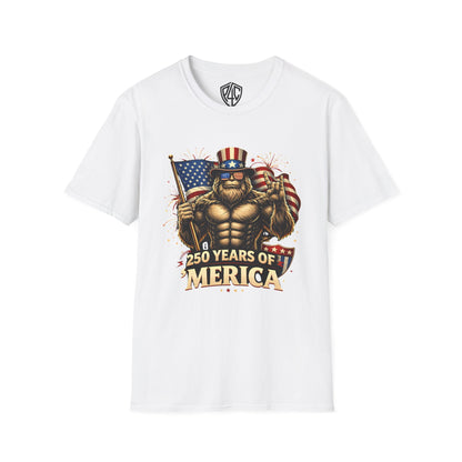 Patriotic '250 Years of Merica' T-Shirt — Muscular Uncle Sam Flag Graphic