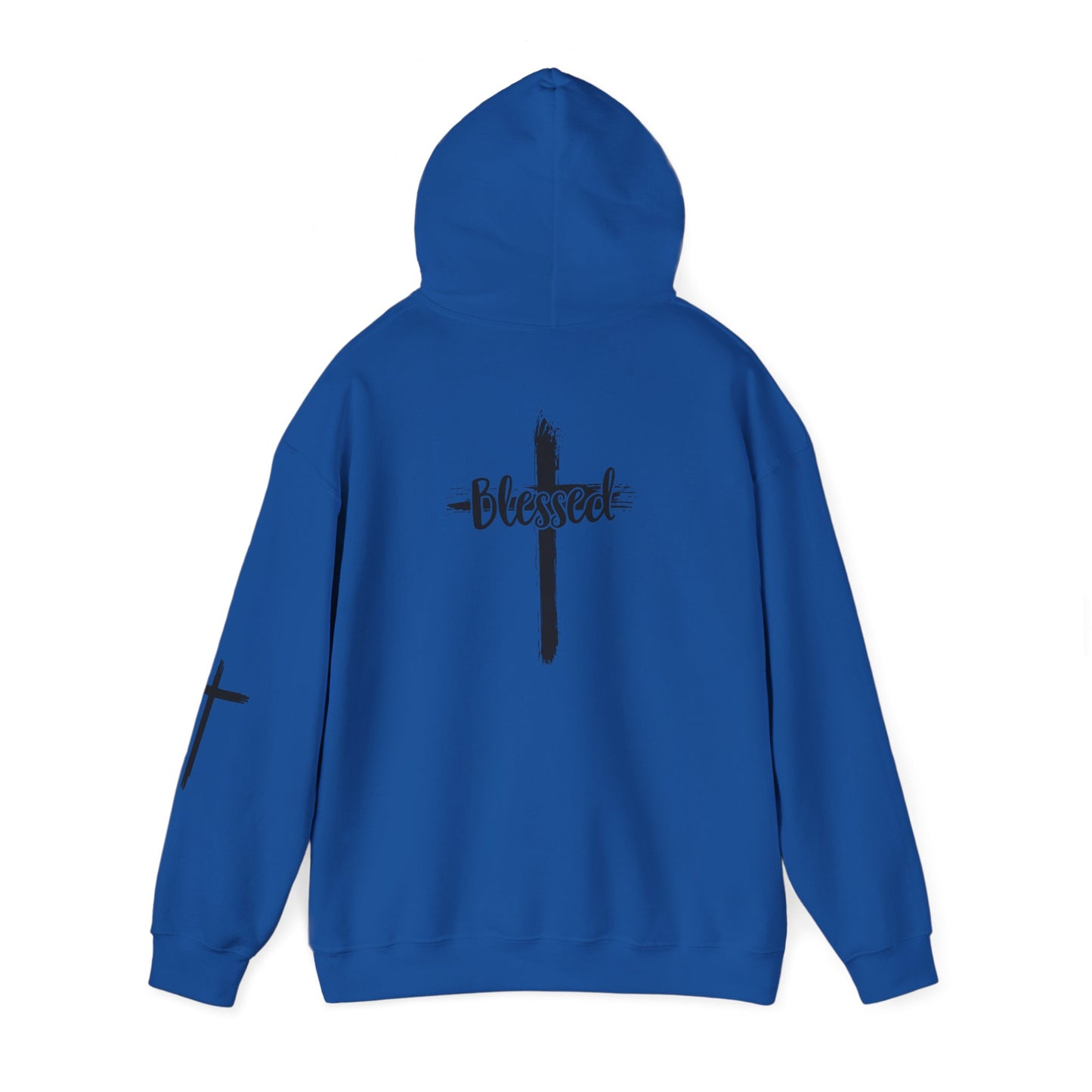 Blessed Cross Hoodie — Christian Faith Pullover with Cross Sleeve Design