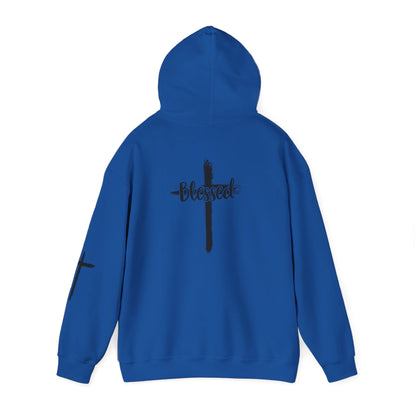 Blessed Cross Hoodie — Christian Faith Pullover with Cross Sleeve Design