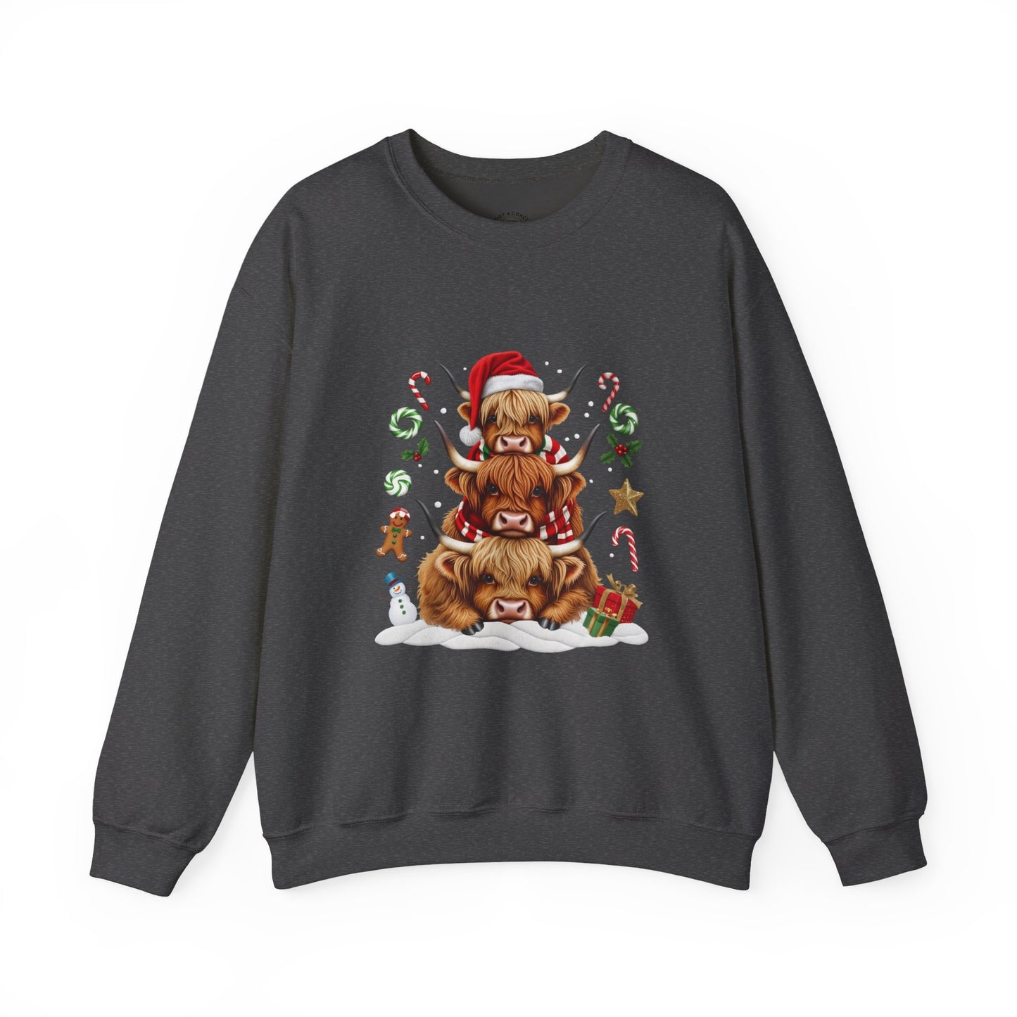 Christmas Highland Cow Sweatshirt — Holiday Stack with Santa Hats & Candy Canes