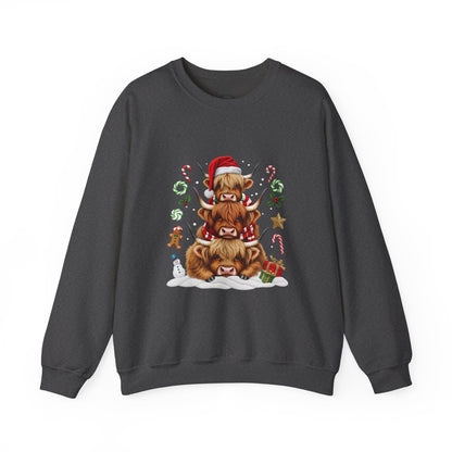 Christmas Highland Cow Sweatshirt — Holiday Stack with Santa Hats & Candy Canes