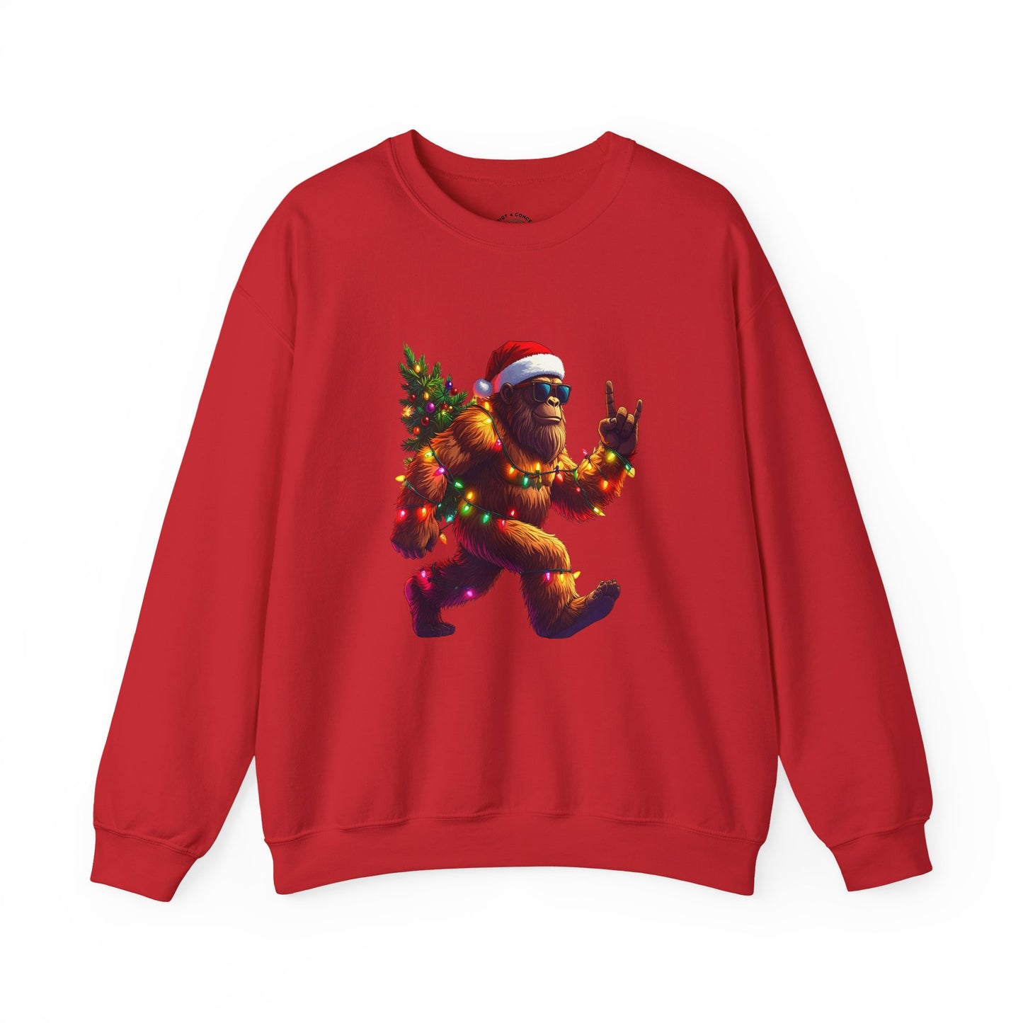 Christmas Sasquatch Crewneck Sweatshirt — Holiday Bigfoot with Santa Hat & Lights
