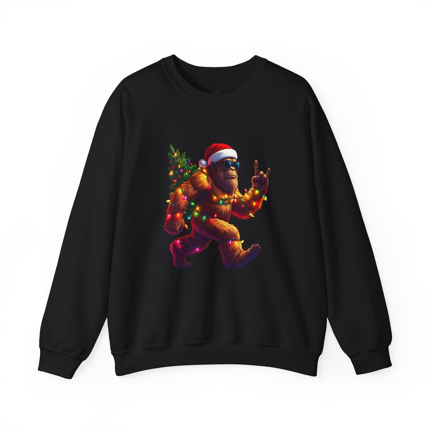 Christmas Sasquatch Crewneck Sweatshirt — Holiday Bigfoot with Santa Hat & Lights