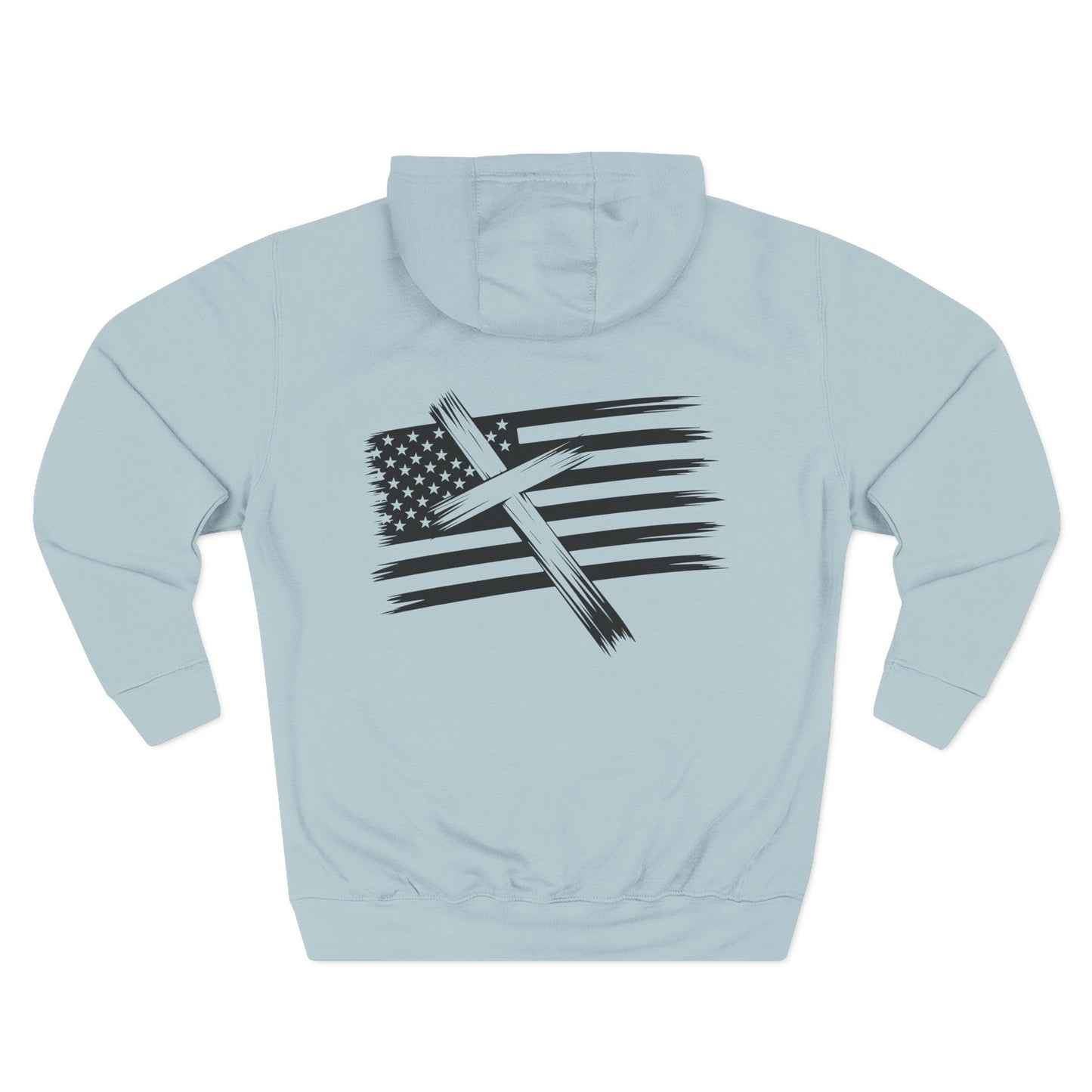 American Flag Cross Hoodie — Christian Patriotic Pullover with Distressed Stars & Stripes