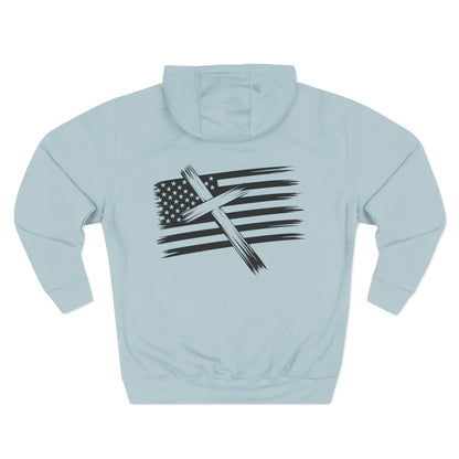 American Flag Cross Hoodie — Christian Patriotic Pullover with Distressed Stars & Stripes