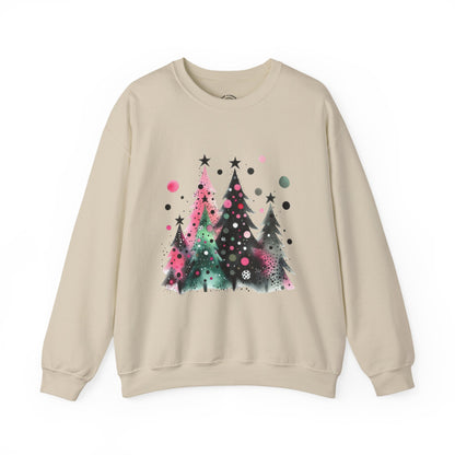Christmas Tree Crewneck Sweatshirt — Watercolor Holiday Trees Graphic