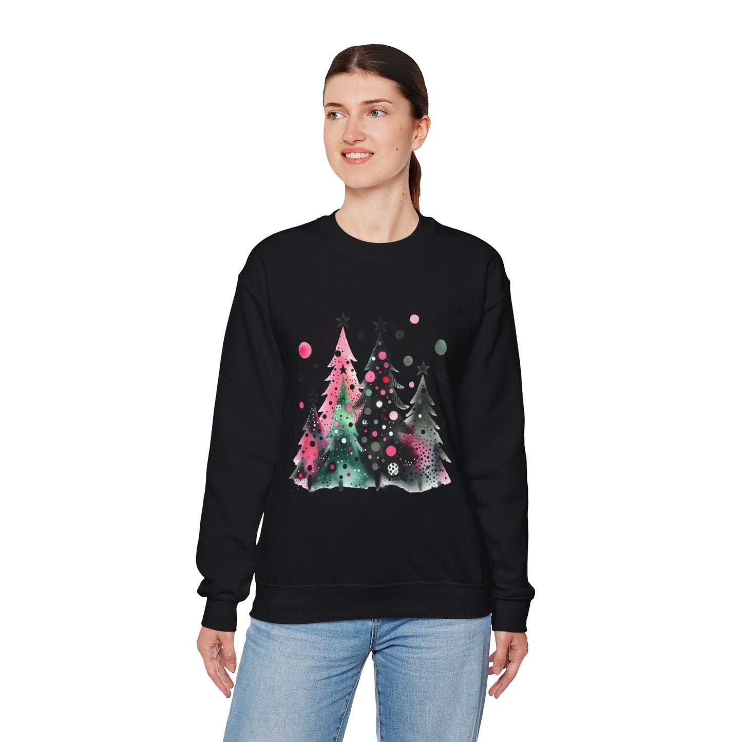 Christmas Tree Crewneck Sweatshirt — Watercolor Holiday Trees Graphic