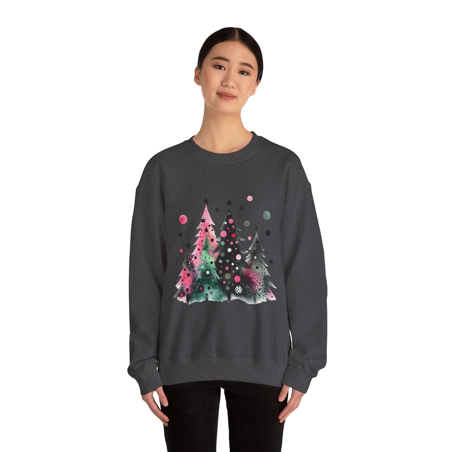 Christmas Tree Crewneck Sweatshirt — Watercolor Holiday Trees Graphic
