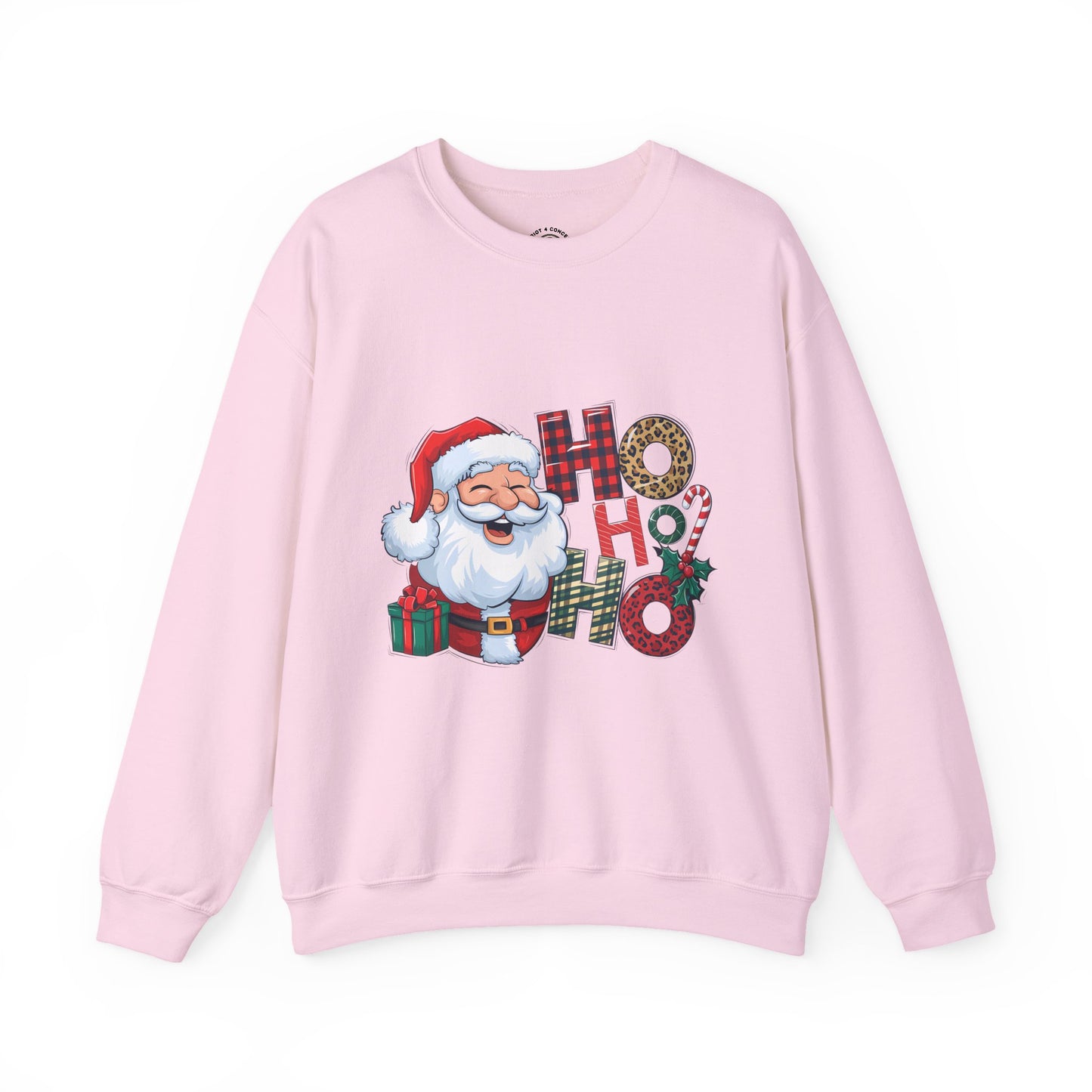 Christmas Santa 'Ho Ho Ho' Crewneck Sweatshirt — Holiday Plaid & Leopard Print Festive Pullover