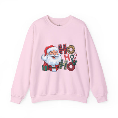 Christmas Santa 'Ho Ho Ho' Crewneck Sweatshirt — Holiday Plaid & Leopard Print Festive Pullover