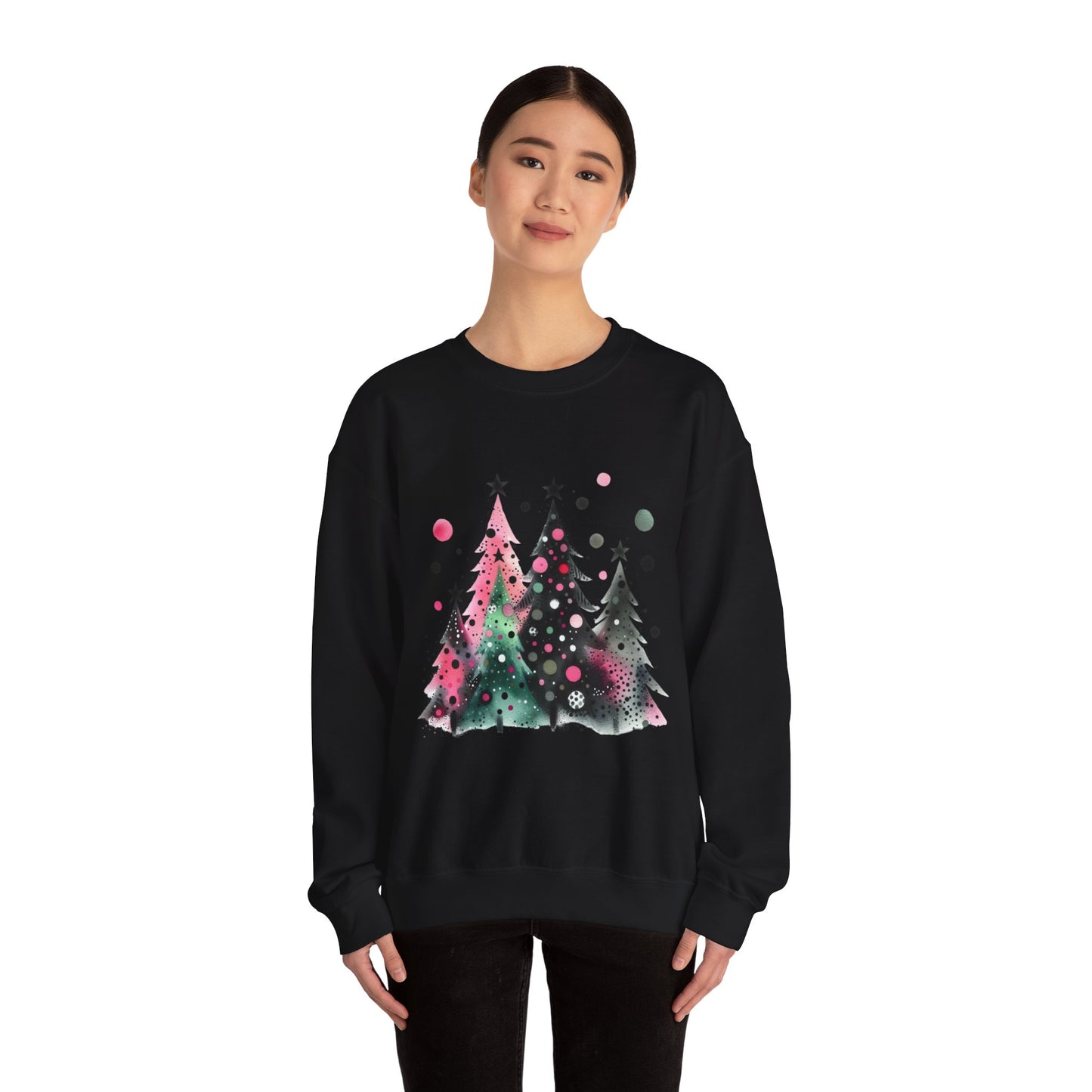 Christmas Tree Crewneck Sweatshirt — Watercolor Holiday Trees Graphic