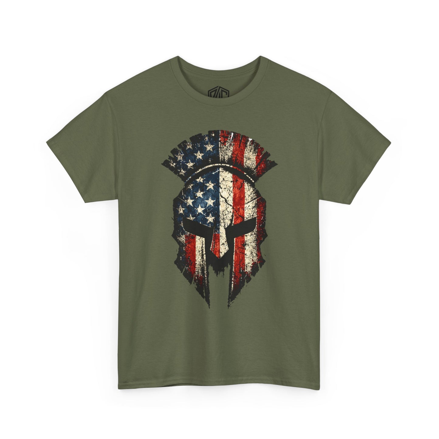 American Spartan Helmet T-Shirt — Distressed USA Flag Graphic Tee