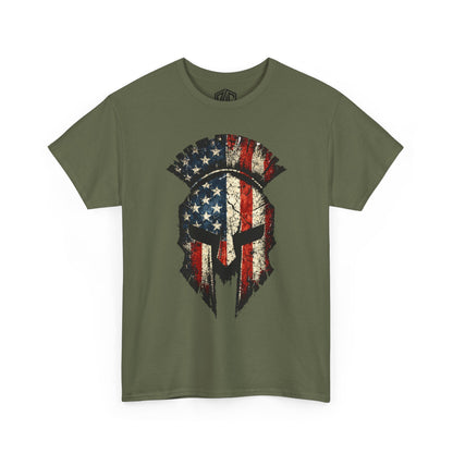 American Spartan Helmet T-Shirt — Distressed USA Flag Graphic Tee