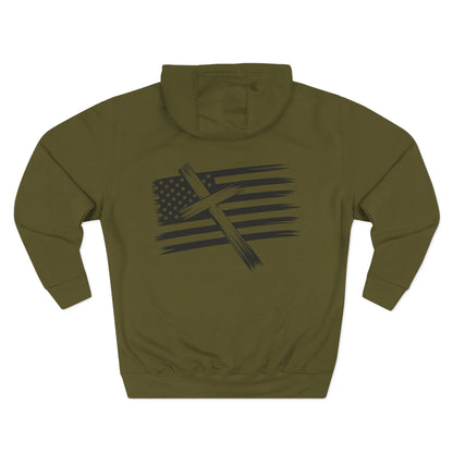 American Flag Cross Hoodie — Christian Patriotic Pullover with Distressed Stars & Stripes