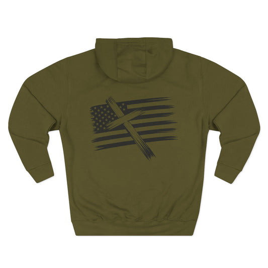 American Flag Cross Hoodie — Christian Patriotic Pullover with Distressed Stars & Stripes