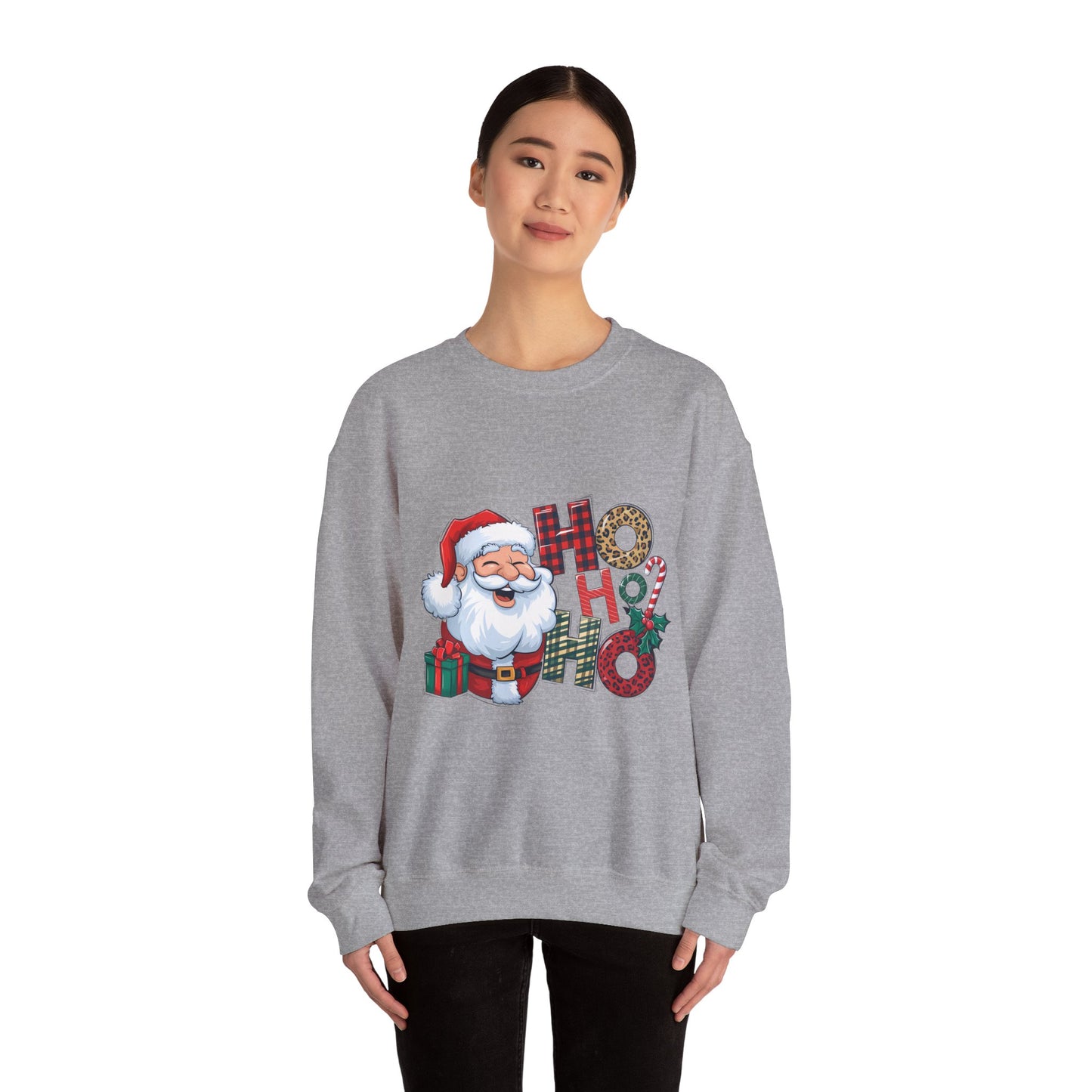 Christmas Santa 'Ho Ho Ho' Crewneck Sweatshirt — Holiday Plaid & Leopard Print Festive Pullover