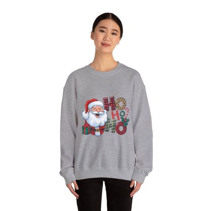 Christmas Santa 'Ho Ho Ho' Crewneck Sweatshirt — Holiday Plaid & Leopard Print Festive Pullover