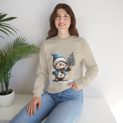 Snowman with Tree Crewneck Sweatshirt — Cute Holiday Kids-Style Winter Pullover