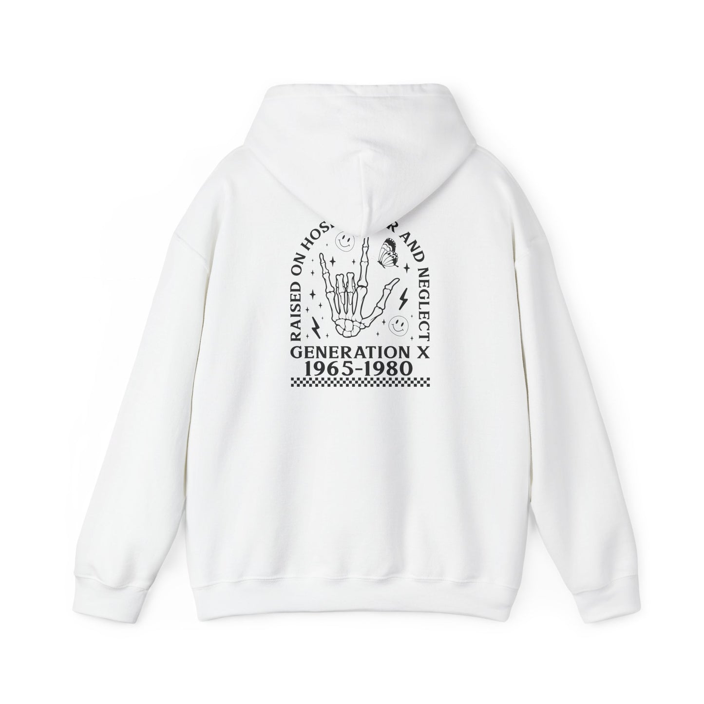 Generation X Hoodie – “Raised on Nostalgia and Neglect” Retro 1965–1980 Skeleton Hand Design