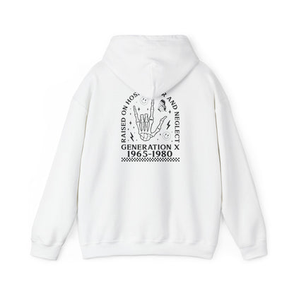 Generation X Hoodie – “Raised on Nostalgia and Neglect” Retro 1965–1980 Skeleton Hand Design