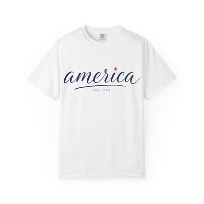 America Script T‑Shirt – Patriotic "America" Graphic Tee (Est. 1776)