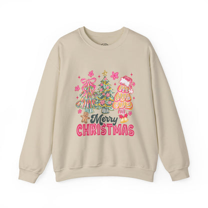 Christmas Trees Crewneck Sweatshirt — Merry Christmas Pink Holiday Sweater
