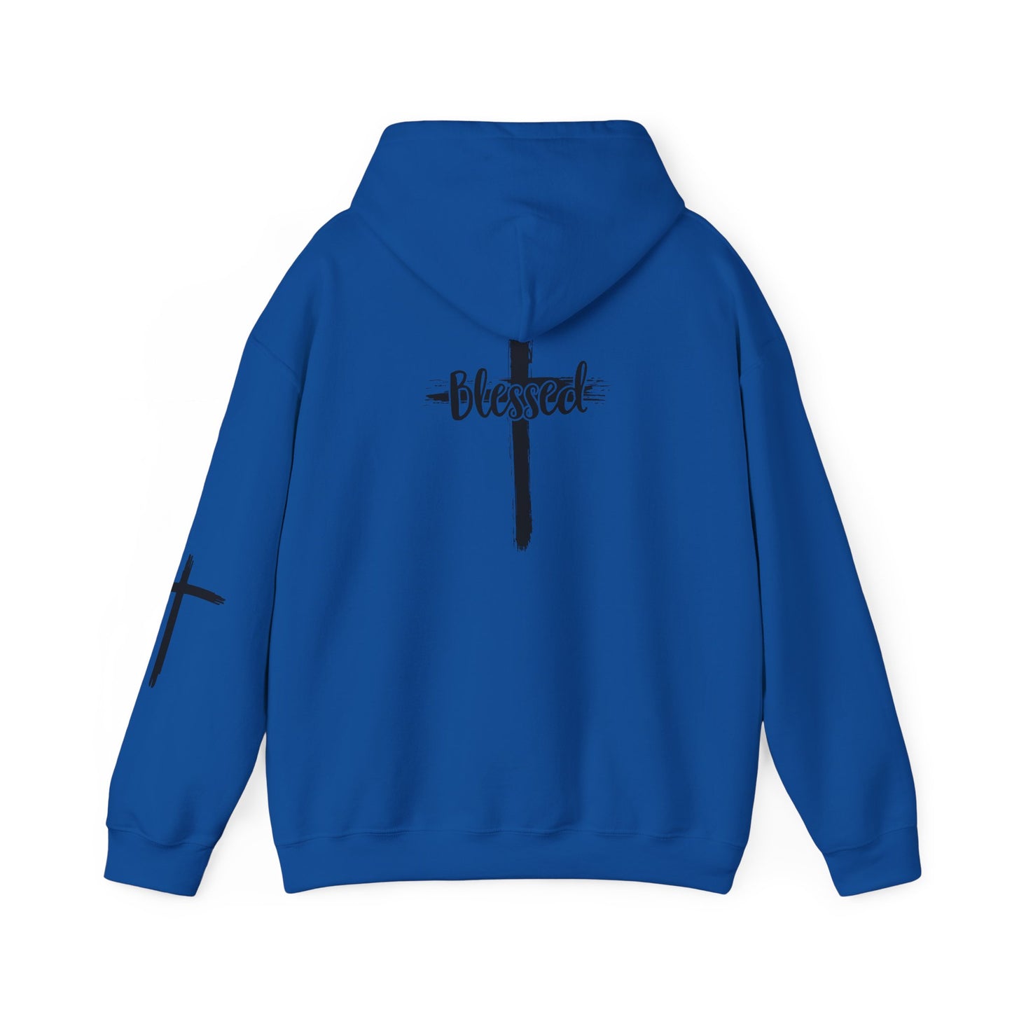 Blessed Cross Hoodie — Christian Faith Pullover with Cross Sleeve Design