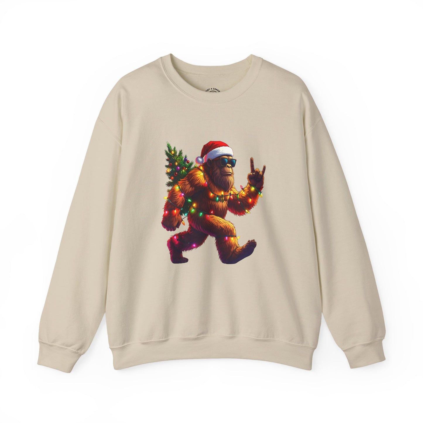 Christmas Sasquatch Crewneck Sweatshirt — Holiday Bigfoot with Santa Hat & Lights