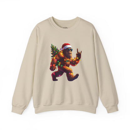 Christmas Sasquatch Crewneck Sweatshirt — Holiday Bigfoot with Santa Hat & Lights