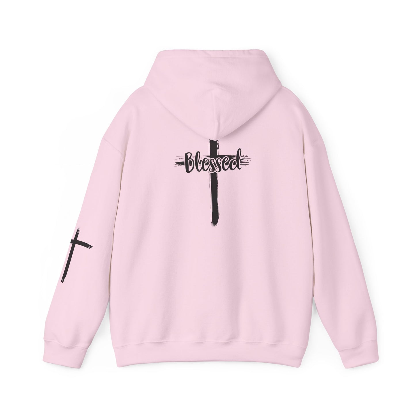 Blessed Cross Hoodie — Christian Faith Pullover with Cross Sleeve Design