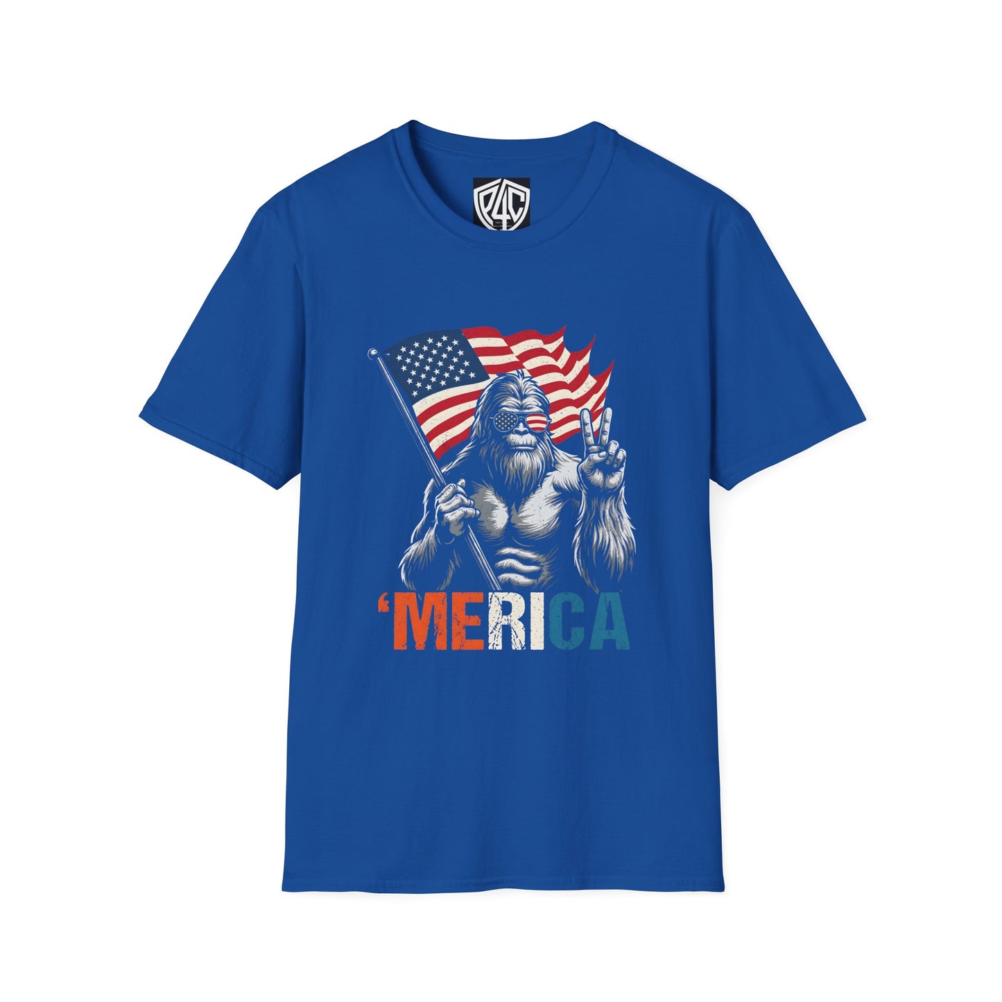 T-Shirt — Patriotic Bigfoot Holding American Flag "MERICA" Graphic