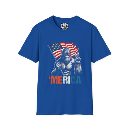 T-Shirt — Patriotic Bigfoot Holding American Flag "MERICA" Graphic