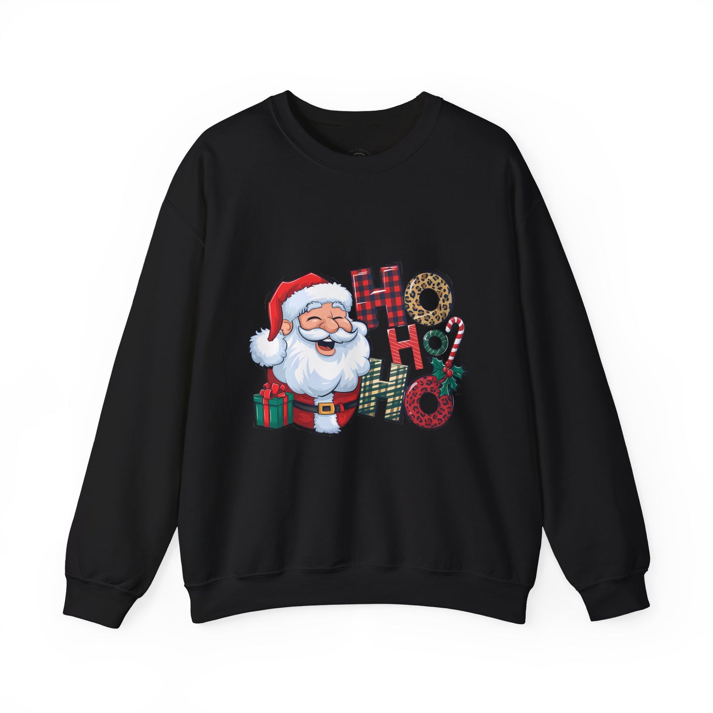 Christmas Santa 'Ho Ho Ho' Crewneck Sweatshirt — Holiday Plaid & Leopard Print Festive Pullover