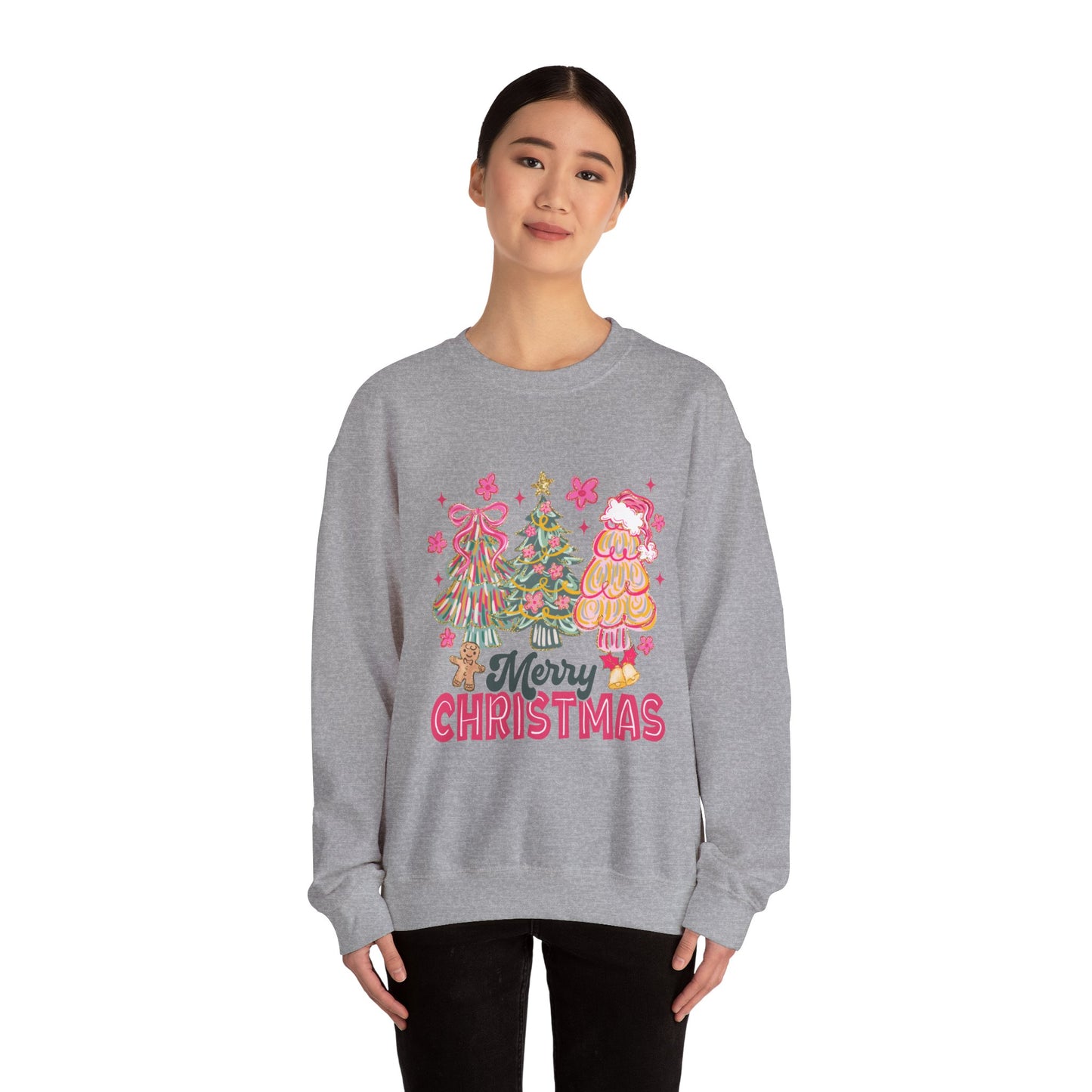 Christmas Trees Crewneck Sweatshirt — Merry Christmas Pink Holiday Sweater