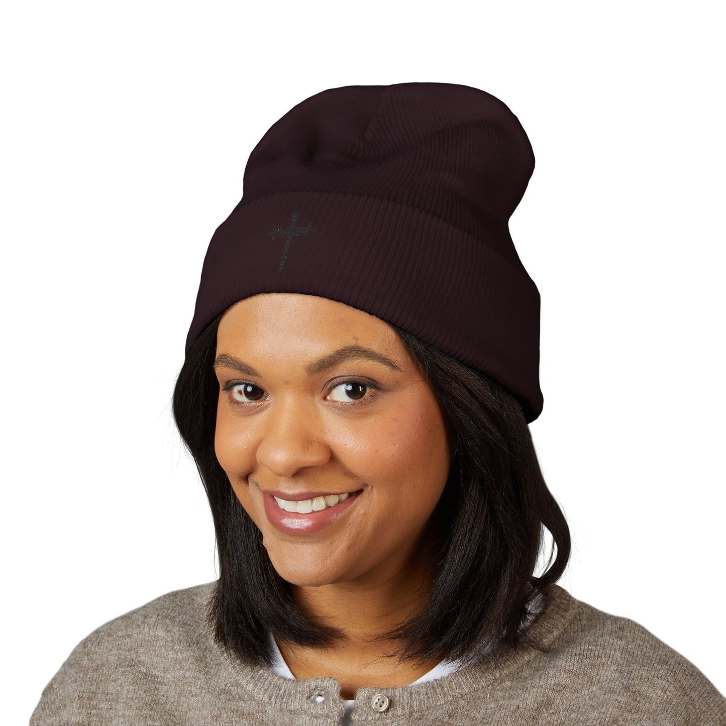Embroidered Cross Cuffed Beanie — Minimal Faith Knit Hat