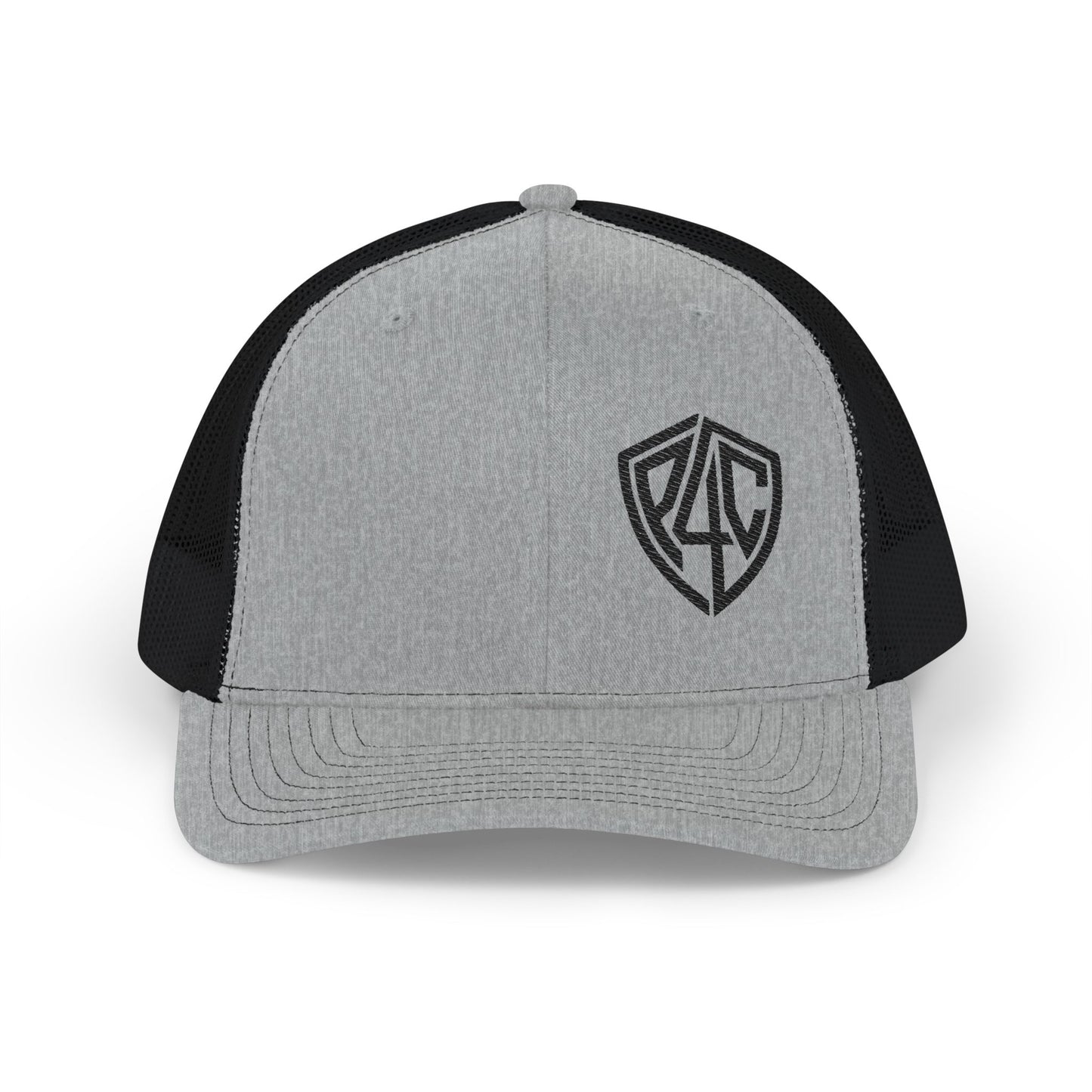 Embroidered Shield Snapback Trucker Hat — Classic Mesh Cap with Monogram Patch