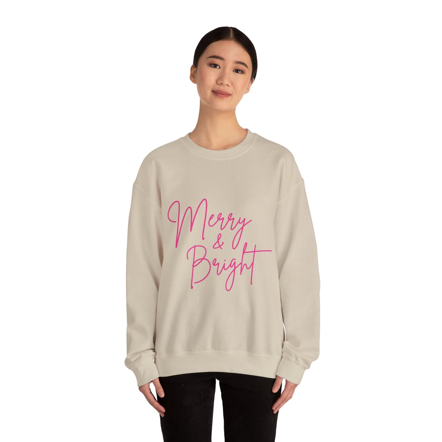 Merry & Bright Crewneck Sweatshirt — Pink Script Holiday Pullover