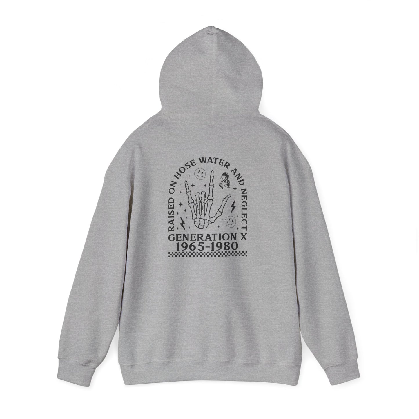 Generation X Hoodie – “Raised on Nostalgia and Neglect” Retro 1965–1980 Skeleton Hand Design